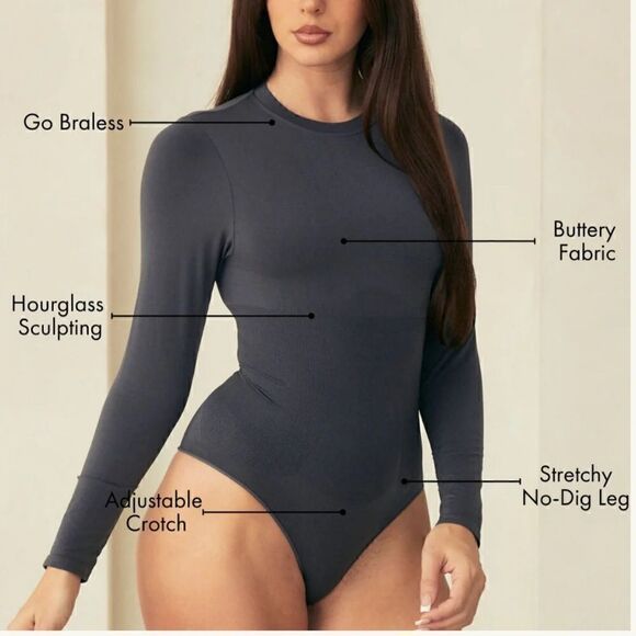 Pinsy Butter Sculpt Long Sleeve Bodysuit - Charcoal Grey - Picture 1 of 8
